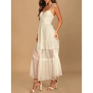 Lulus Romantic Spot Cream Polka Dot Mesh Tiered Midi Dress Sz S Corset Top Sheer